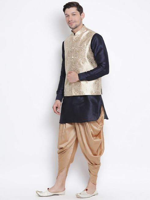 Vastramay Men's Navy Blue Jacquard Jacket With Kurta Dhoti Set